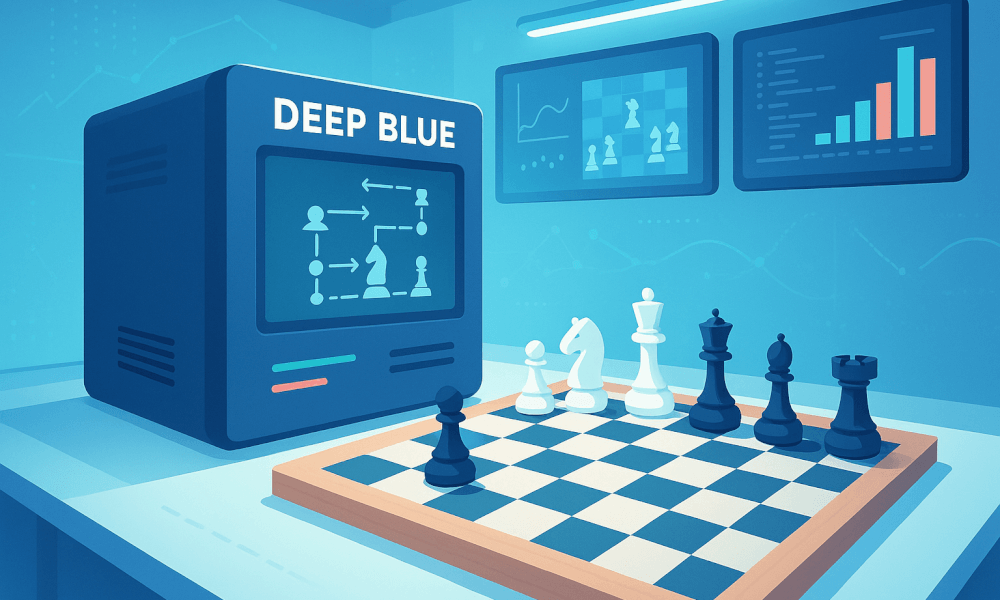 Illustration d'un superordinateur Deep Blue d'IBM avec un échiquier, symbolisant la victoire de l'intelligence artificielle sur l'homme dans le jeu d'échecs.