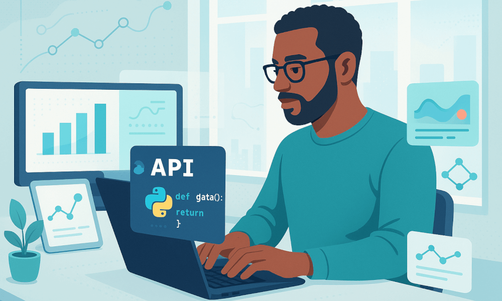Développeur travaillant sur une application API en Python avec FastAPI, illustrant des graphiques de données et du code de programmation.