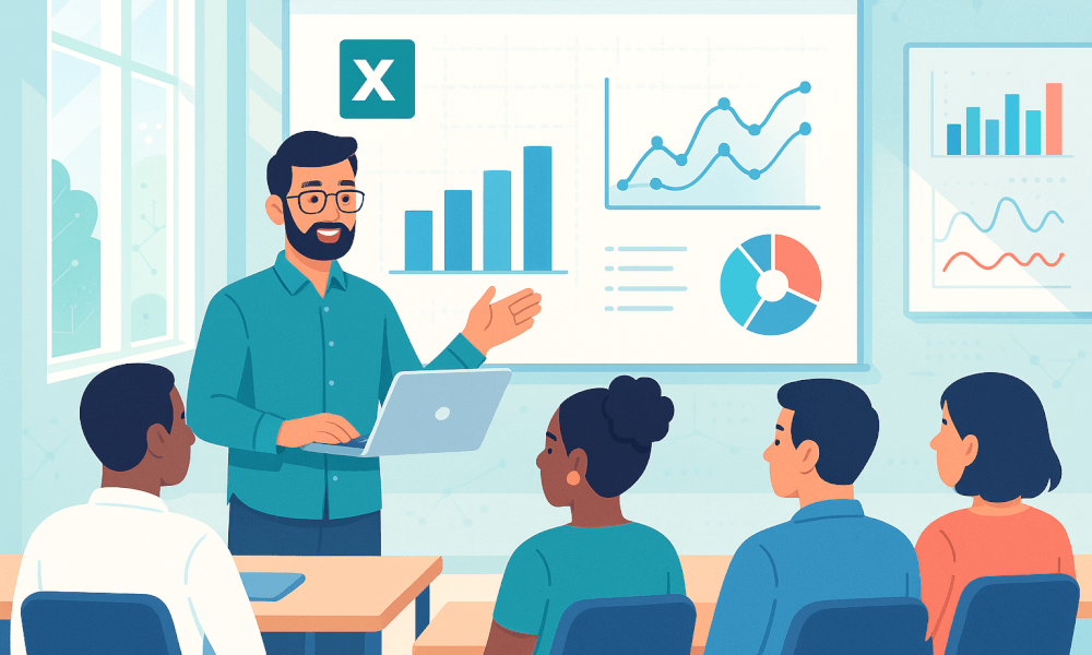 Formateur enseignant Excel à un groupe d'apprenants avec des graphiques et des données sur un écran, illustrant une formation Excel en ligne.