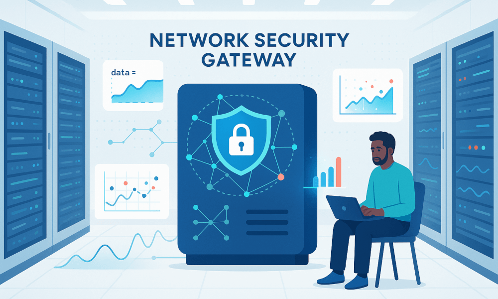 Illustration d'un réseau de sécurité avec un homme utilisant un ordinateur portable devant un dispositif de passerelle réseau, représentant la gestion du trafic et la sécurité des données.
