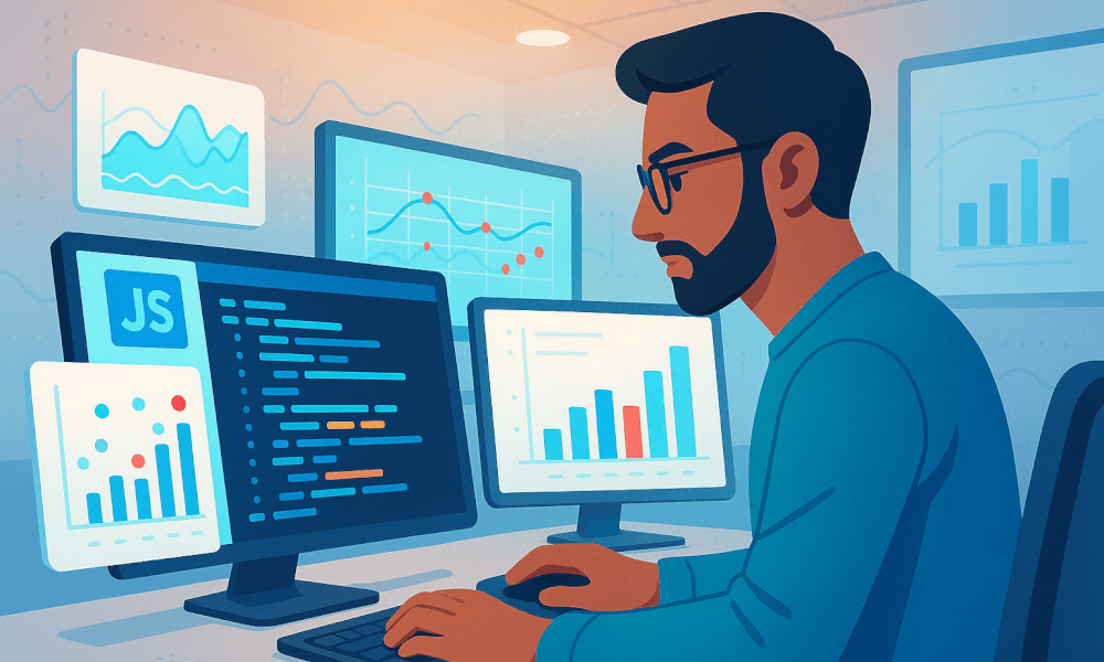 Un développeur utilisant un gestionnaire de paquets Yarn sur deux écrans, avec des graphiques et du code JavaScript affichés, illustrant l'efficacité dans la gestion des dépendances et l'automatisation des projets JavaScript.