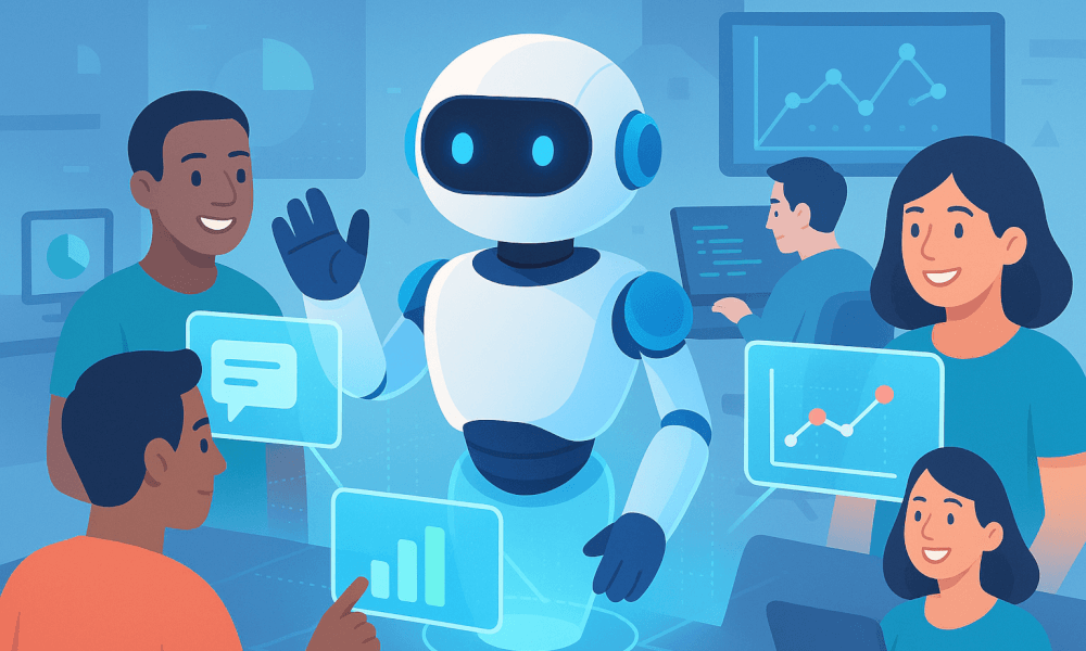 Illustration d'une interaction entre des utilisateurs et un robot assistant virtuel Google Bard, montrant des graphiques et des messages.