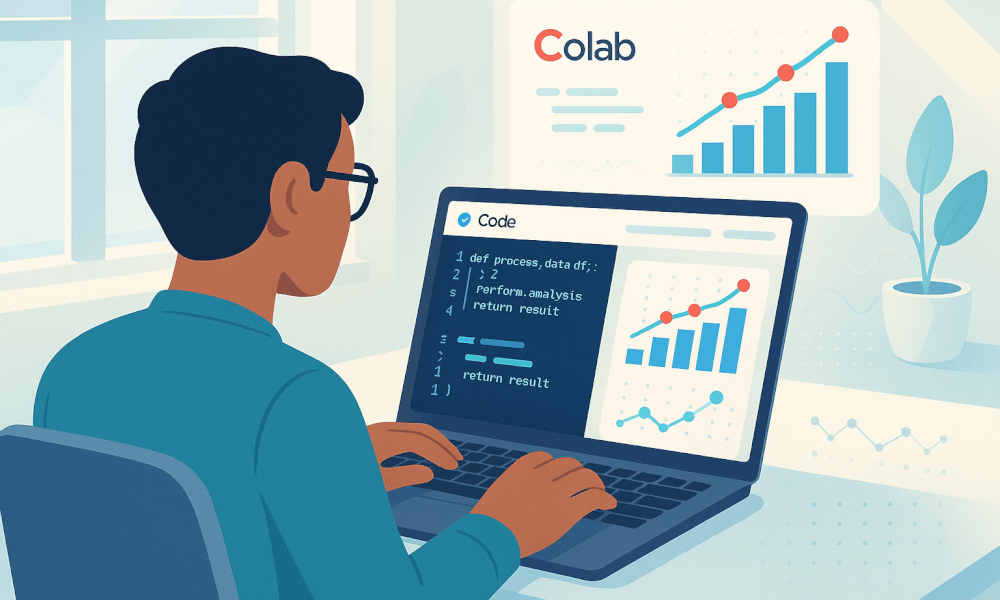 Un utilisateur travaillant sur un notebook Google Colab, exécutant du code Python et analysant des données avec des graphiques.