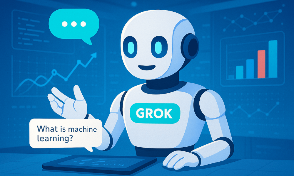 Chatbot Grok interactif présentant des graphiques de données et posant une question sur l'apprentissage automatique.