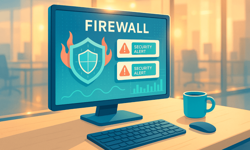 Interface de pare-feu affichant des alertes de sécurité sur un écran d'ordinateur, mettant en avant la cybersécurité et la protection des données.