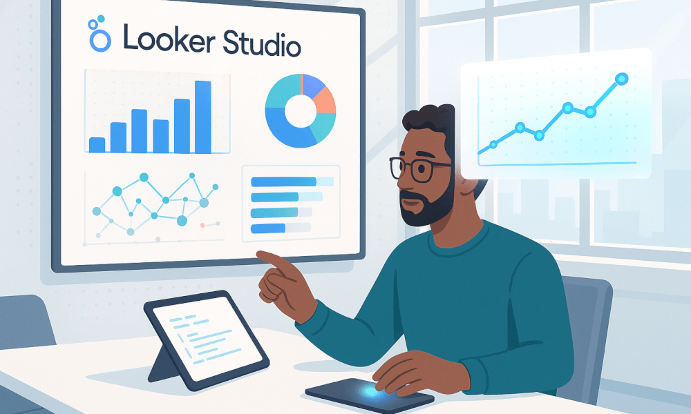 Personne utilisant Looker Studio pour analyser des données avec des graphiques et des tableaux de bord interactifs.