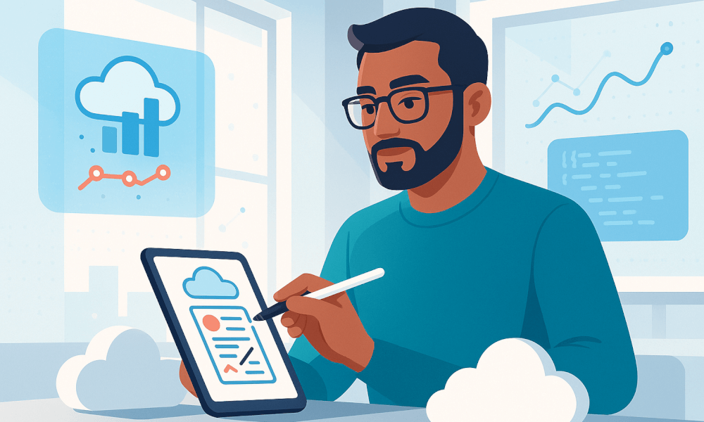 Un utilisateur travaillant sur une tablette en consultant des données Microsoft Azure, avec des graphiques et des icônes de cloud en arrière-plan.