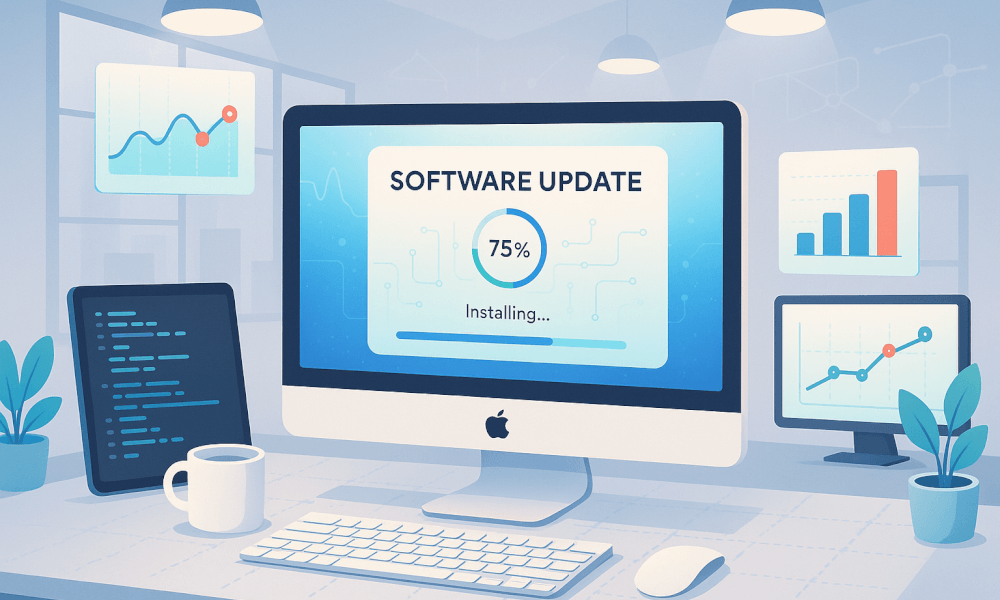 Écran affichant une mise à jour du logiciel sur un ordinateur Mac, avec des graphiques et des données en arrière-plan, illustrant le processus de mise à jour de Mac OS.