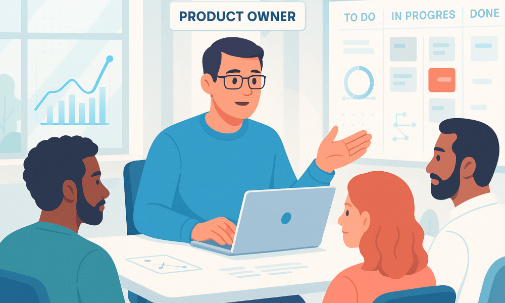 Un Product Owner guidant une réunion d'équipe sur la gestion de produit agile avec un ordinateur portable et un tableau de suivi de projet.