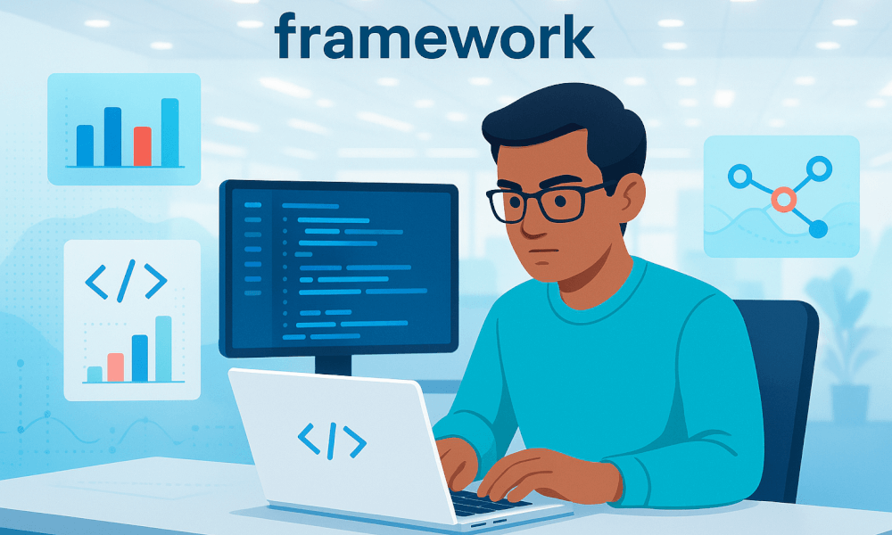 Un programmeur travaillant sur un laptop avec des graphiques et du code, illustrant l'utilisation d'un framework en développement logiciel.
