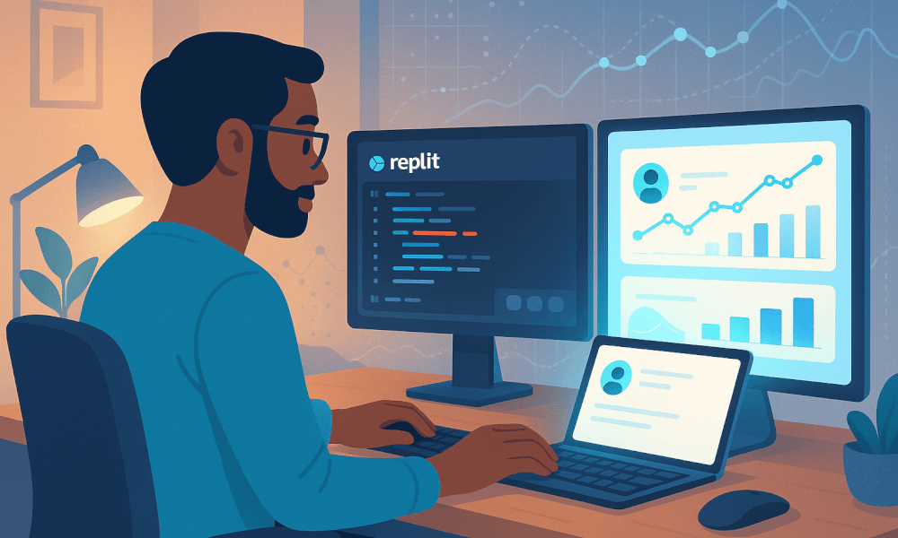 Développeur utilisant Replit sur plusieurs écrans, affichant du code et des graphiques d'analyse des données, illustrant la programmation collaborative et l'exécution de code dans le cloud.