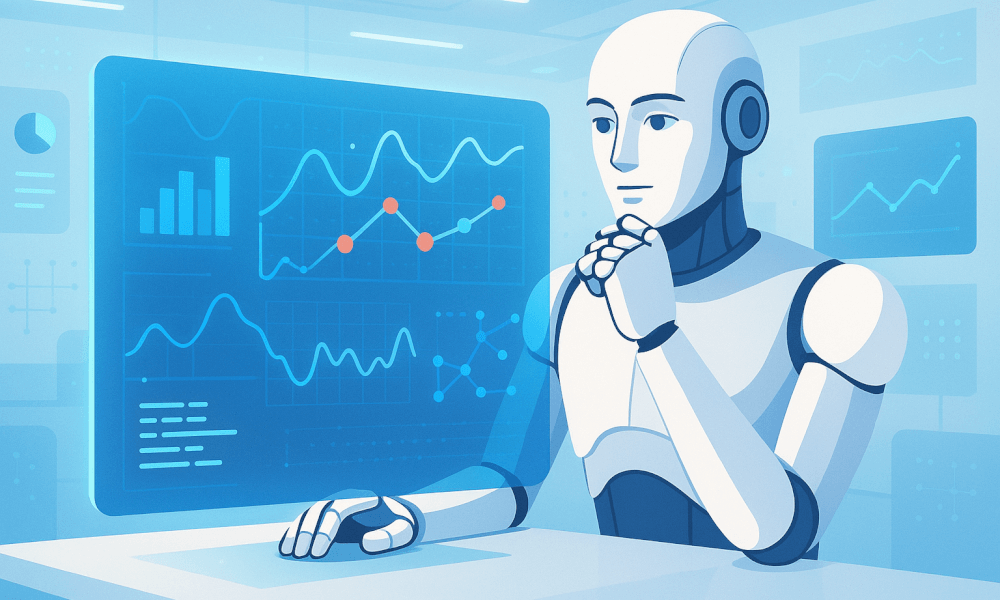 Robot en train d'analyser des données sur un écran, symbolisant l'AGI et l'intelligence artificielle.