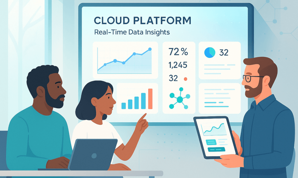 Équipe discutant des insights en temps réel sur une plateforme cloud, illustrant l'utilisation des services informatiques avec ServiceNow.