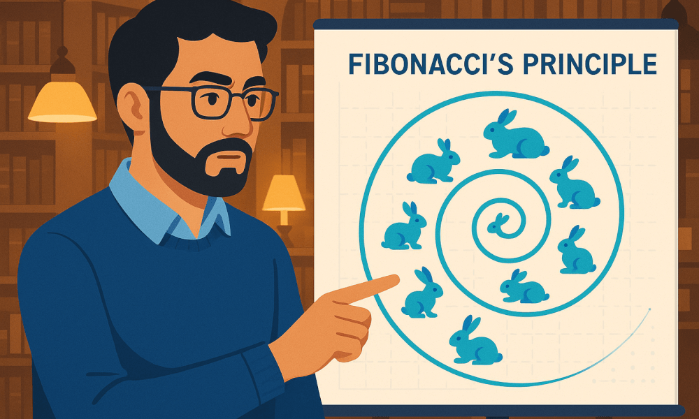Illustration expliquant le principe de la suite de Fibonacci à travers une spirale représentant des lapins, utilisée pour démontrer la croissance exponentielle.