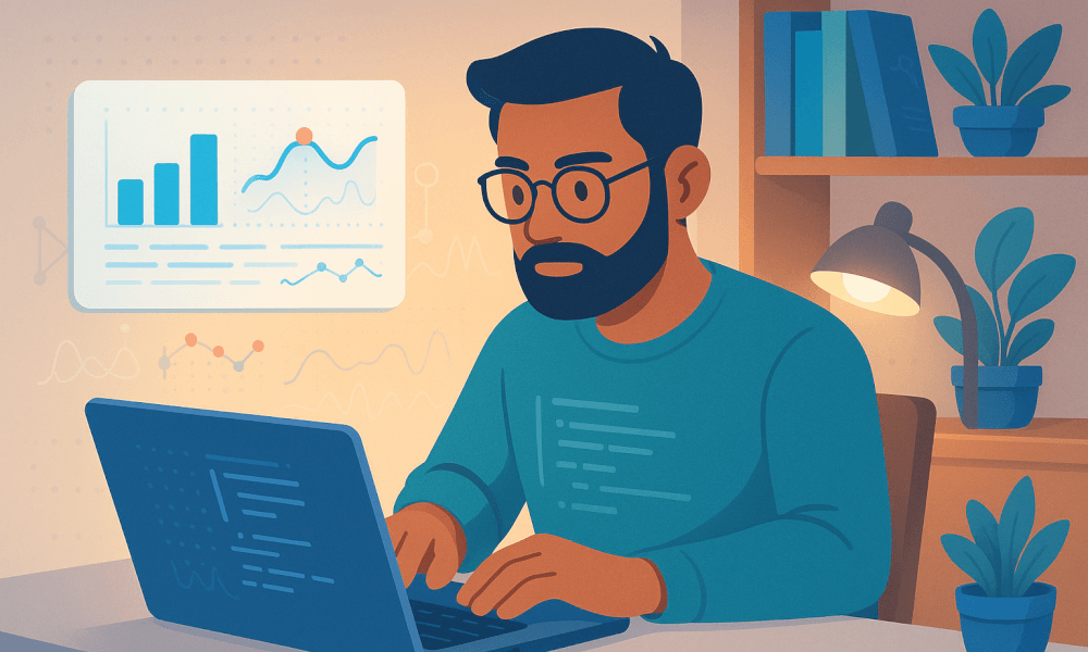 Développeur utilisant Visual Studio Code sur un ordinateur portable avec un graphique de données en arrière-plan
