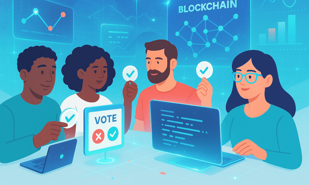 Illustration de membres d'une DAO participant à un vote communautaire sur la blockchain, avec des graphiques et des ordinateurs en arrière-plan.