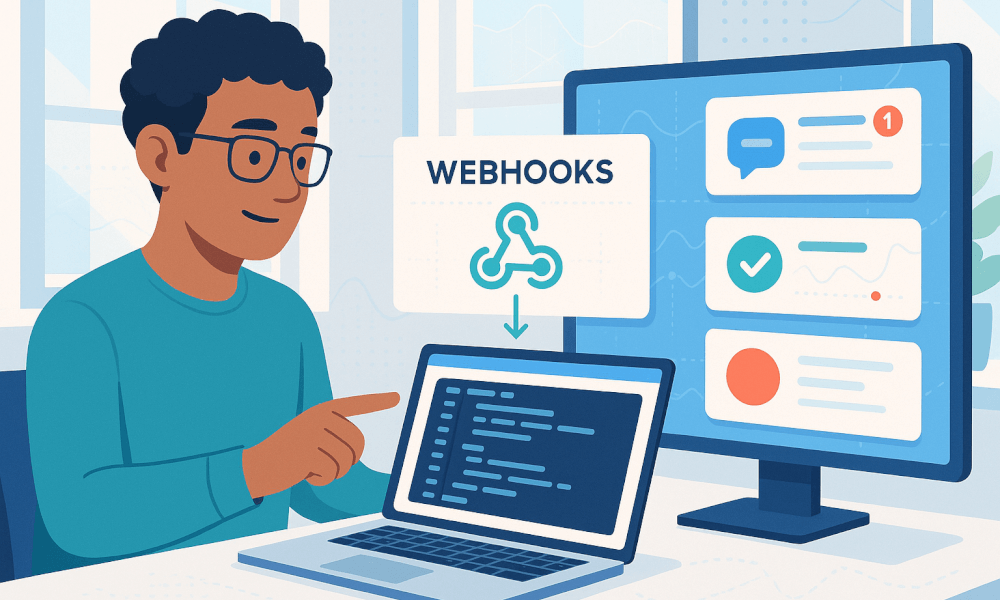 Illustration d'une personne utilisant un ordinateur portable pour gérer des webhooks, avec un écran affichant des notifications et un graphique, illustrant la connexion entre services et l'automatisation des tâches.