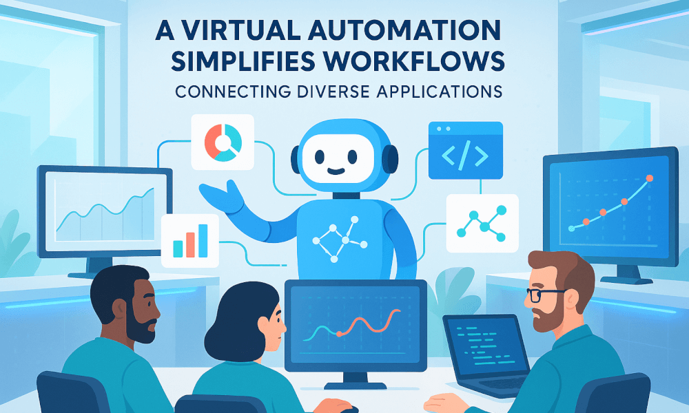 Illustration représentant l'automatisation virtuelle avec Zapier, connectant diverses applications d'analyse de données et visualisations.