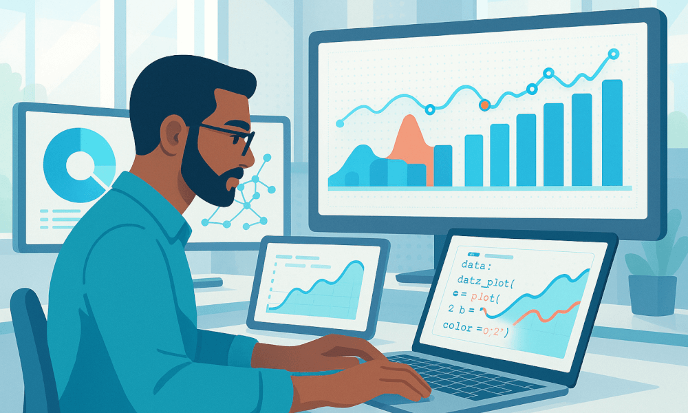 Illustration montrant un analyste de données utilisant BigQuery pour visualiser des graphiques et des analyses de données sur plusieurs écrans.