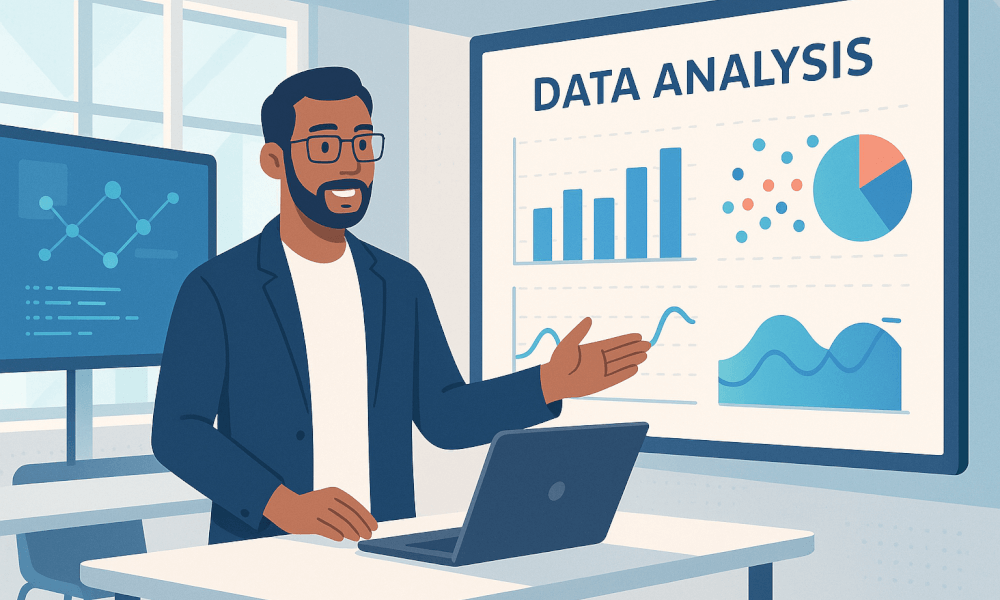 Un professionnel présentant une analyse de données à l'aide d'un ordinateur portable et d'un tableau visuel dans un environnement de travail moderne, illustrant l'utilisation de l'outil Beautiful AI pour créer des présentations.