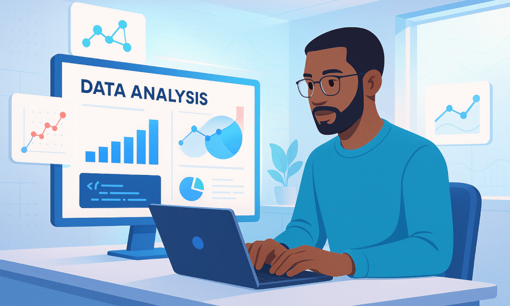 Un homme travaillant sur l'analyse de données avec des graphiques et des tableaux sur un écran, mettant en avant l'utilisation de BigQuery pour le traitement de données massives.