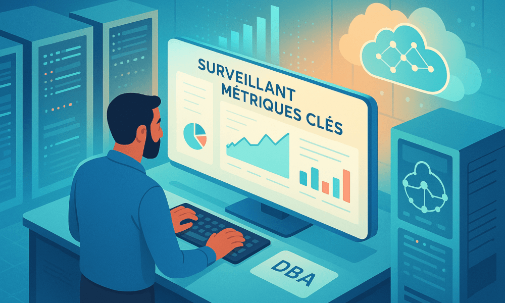 Interface Data Server Manager montrant tableaux de bord de monitoring et supervision (CPU, RAM, I/O), gestion des bases de données, sauvegarde/restauration et optimisation des performances pour l'administration et la sécurité des serveurs