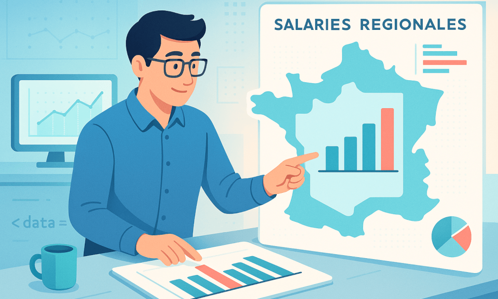 Infographie sur le data analyst salaire en France : fourchette de salaire data analyst (salaire junior, salaire moyen, salaire senior) avec comparatif Paris vs régions et indications pour freelance et débutant.