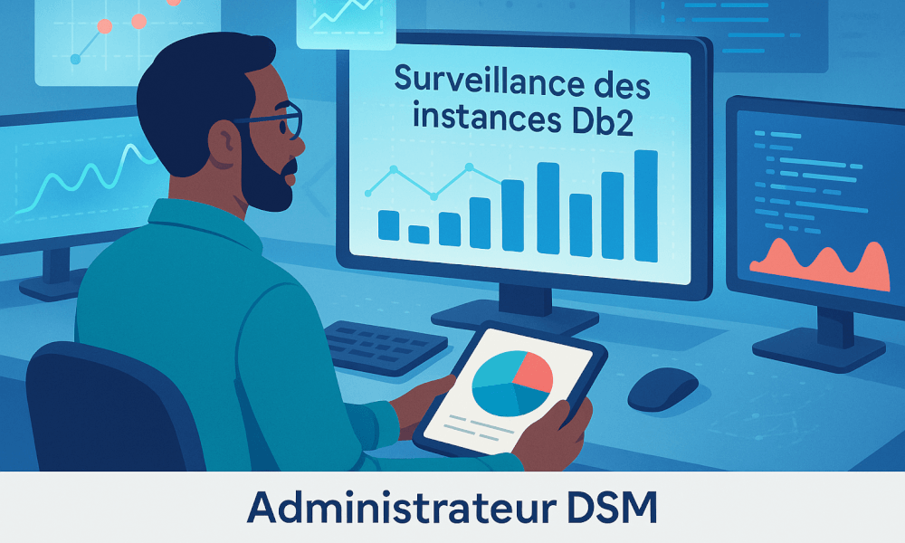 Tableau de bord d'un data server manager affichant monitoring des serveurs (CPU, RAM, I/O), graphiques de performance, statut de clusters, sauvegarde et réplication, supervision bases de données (IBM Db2, MySQL) et orchestration Docker/Kubernetes.