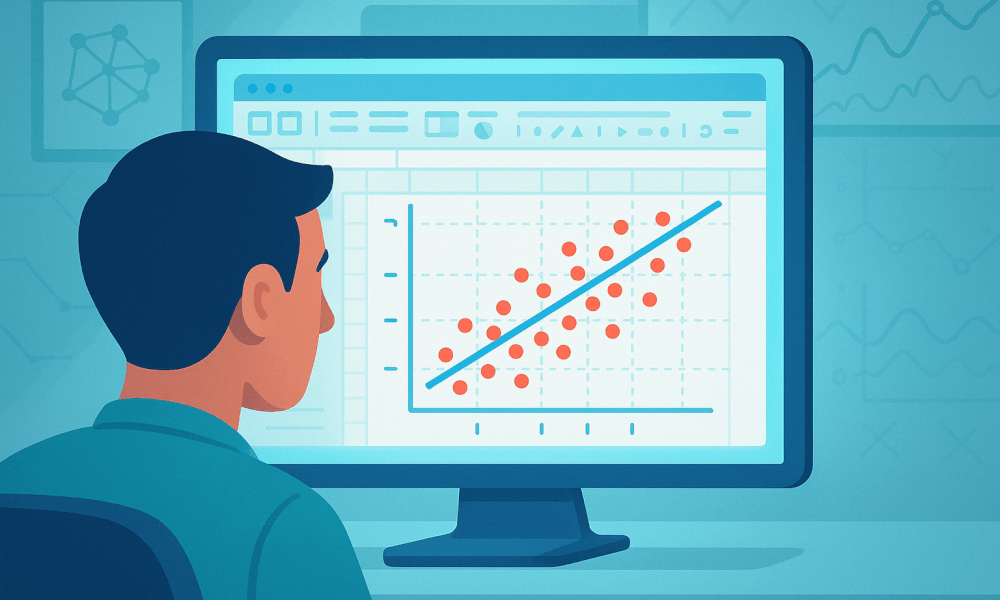 Nuage de points Excel avec droite de régression illustrant une regression lineaire avec Excel, montrant l'équation, la pente et le R² (méthode LINEST/DROITEREG, courbe de tendance)
