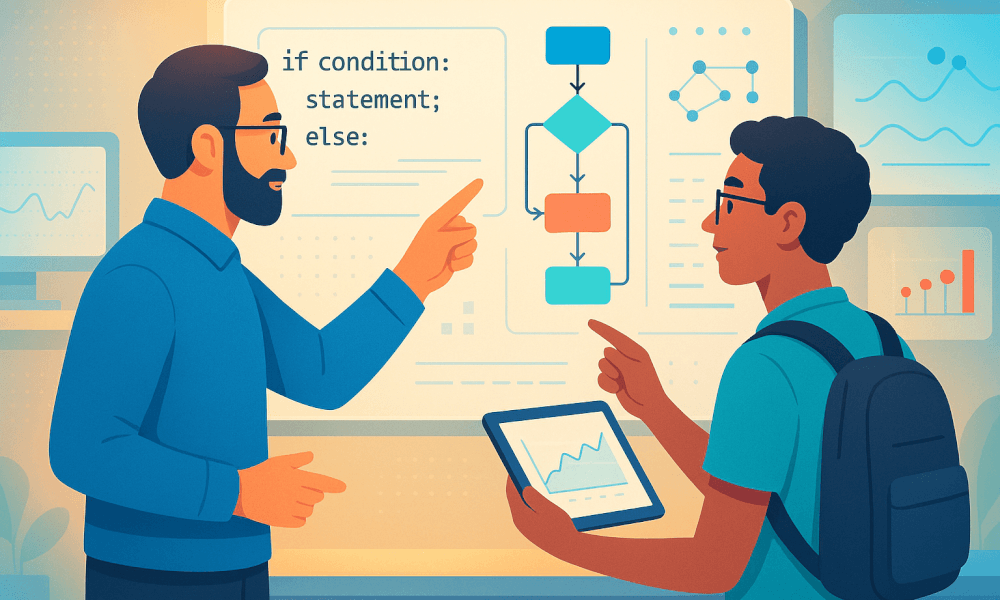 Illustration d'un algorithme : diagramme de flux et pseudo-code avec exemples (tri rapide, recherche binaire, Dijkstra) et icône Python