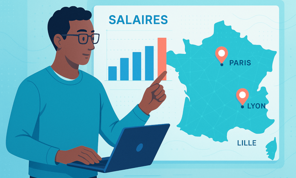 Graphique illustrant le data analyst salaire en France : fourchette par expérience (salaire junior, salaire senior), salaire moyen, comparatif Paris vs provinces et statut freelance