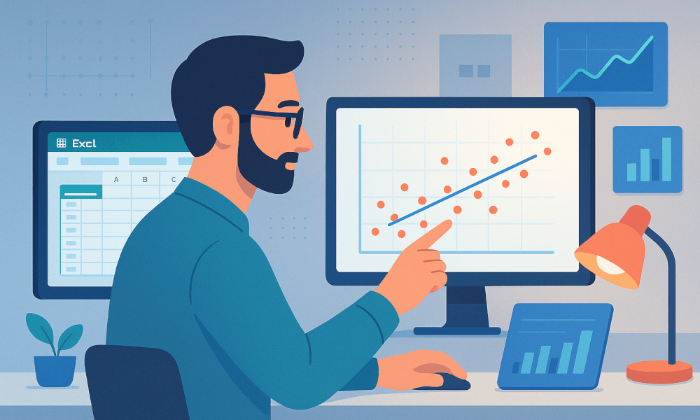 Nuage de points Excel montrant une droite de régression linéaire avec affichage de l'équation et du coefficient de détermination R² — exemple de regression lineaire avec excel (calculs via LINEST/DROITEREG pour pente, ordonnée à l'origine et prévision).